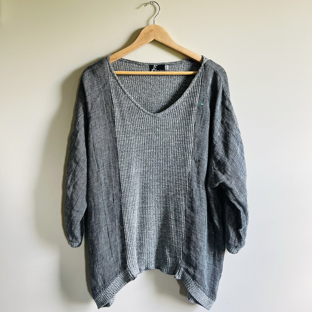 Fenini Linen Langenlook Top 3/4 Sleeves Boho Tunic Gray Size L Shark Bite